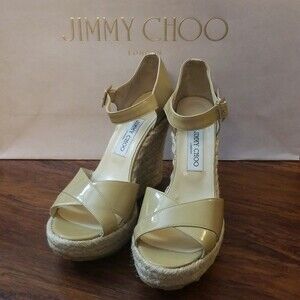 NWT Jimmy Choo Nude Chic Edgy Feminine Summer Patent Leather Wedge Espadrille 41